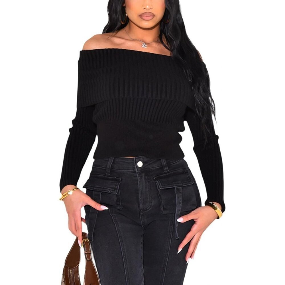 Women's Off Shoulder Ribbed Knit Crop Sweater Long Sleeve Casual Trendy